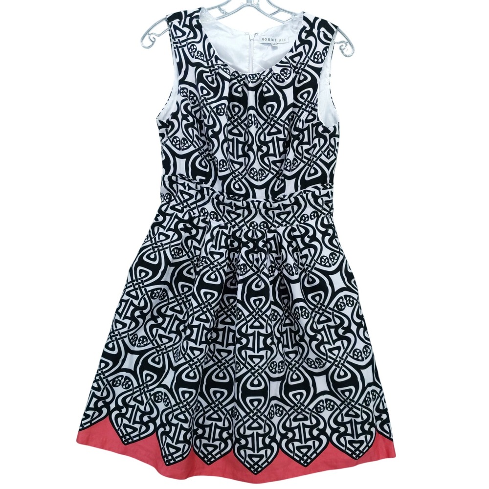 Robbie Bee Fit & Flare Dress Black White Print Lined Pockets Size 4 - Picture 1 of 10